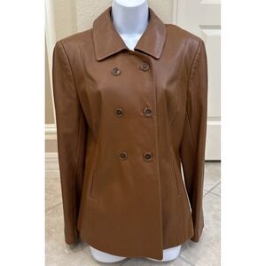 ANNE KLEIN VINTAGE BROWN GENUINE‎ LEATHER BUTTON UP COLLAR CAREER PREPPY  BOHO